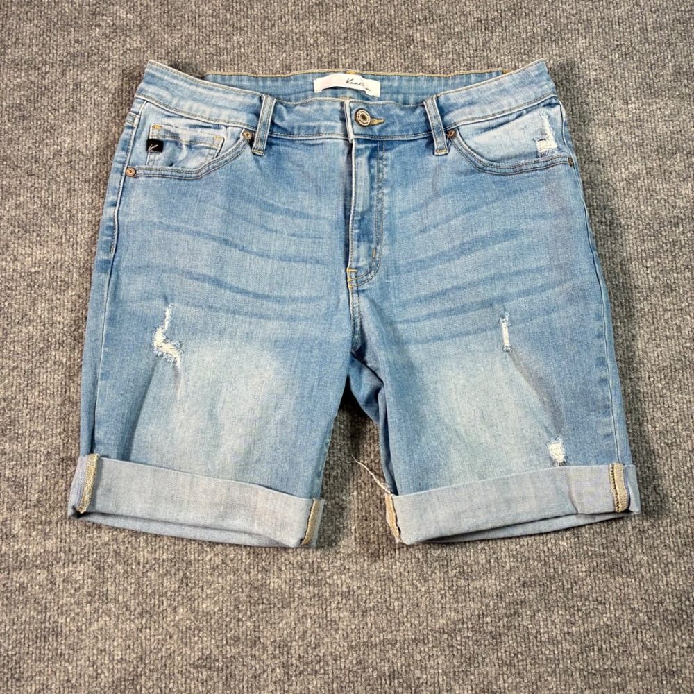 KanCan Bermuda Denim Shorts Womens 13/30 Light Wash Distressed Cuffed Stretch